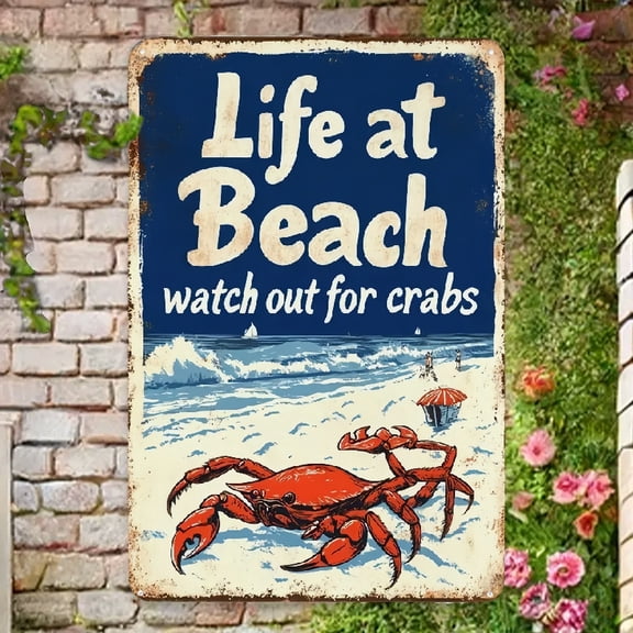 1pc Vintage Beach Life Beware of Crabs Iron Wall Sign - Humorous Coastal Decor for Home, Farmhouse, Garden & Kitchen - Rustic Blue & White Metal Plaque with Distressed Finish - Perfect for Beach Lover