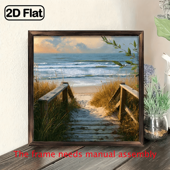 1pc Vintage Beach Path Wooden Framed Sign - 8x8 Inch Wood Wall Art with Serene Coastal Sunset Scene, Inspirational Home Decor for Living Room, Office, Bedroom - Perfect Gift for Family Friend