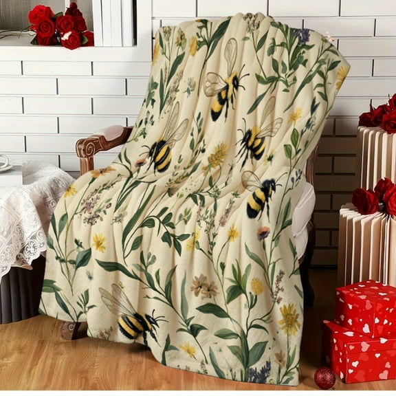 1pc Vintage Bee & Floral Print Cozy Throw Blanket - Soft Flannel All-Season Blanket for Sofa, Bed, Camping, Travel - Rustic Home Decor Gift with Bees & Botanical Design, Comfortable Texture