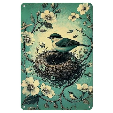 1pc Vintage Bird, Nest Stamped Metal Sign, 8x12 Inches, Rustic Wall Art with Distressed Green Background, Detailed Bird &amp; Floral Design, Perfect for Home, Garden, Porch, Cafe, Bar Decor
