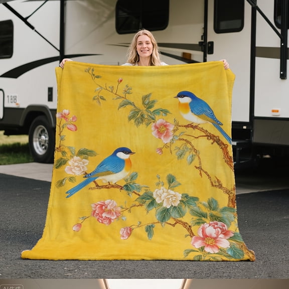 1pc Vintage Birds Floral Painting Flannel Blanket - Soft Plush Throw for RV, Car, Office, Bed - Warm & Cozy All-Season Gift, Travel Essential, Durable Polyester, Vibrant Yellow with Blue Birds & Pink