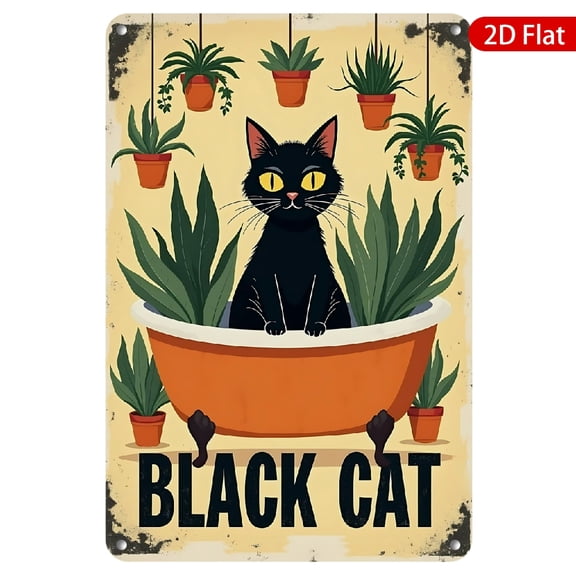 1pc Vintage Black Cat Metal Wall Sign, 8x12 Inches, Rustproof & UV Protected, Perfect for Home, Kitchen, Pet Lovers, Garden Decor, Cute Cat Art, Whimsical Indoor & Outdoor Decoration, 2D Flat Design