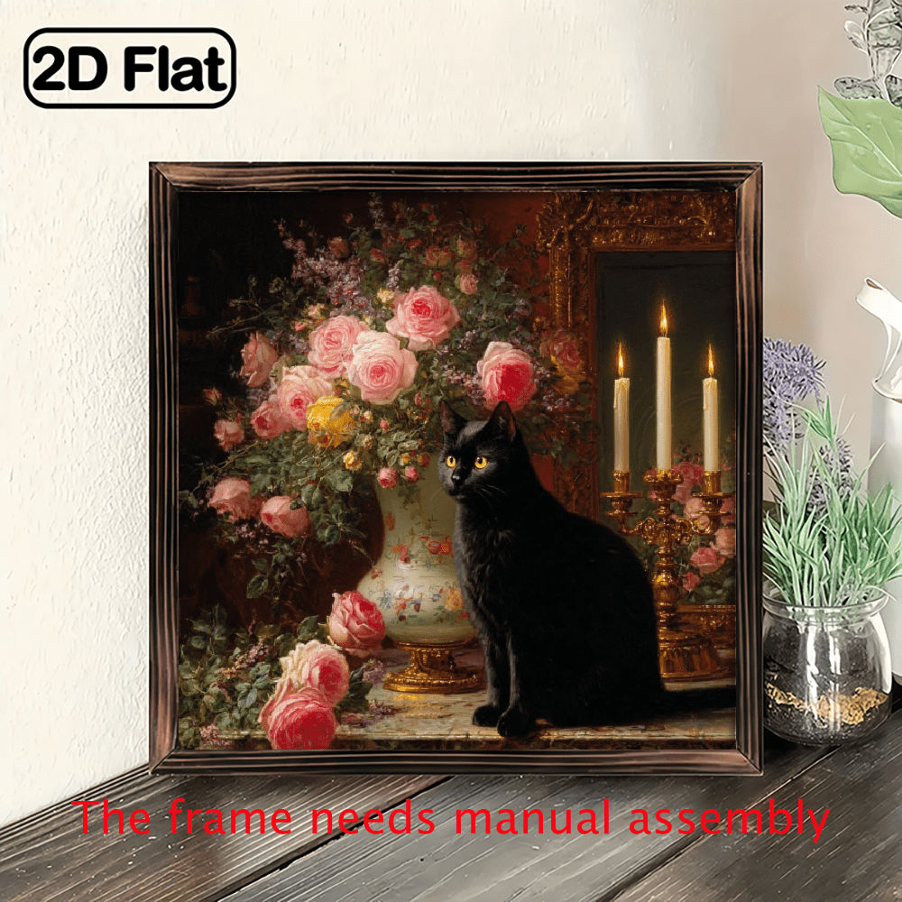 1pc Vintage Black Cat Roses Wooden Framed Wall Art - Elegant Farmhouse ...