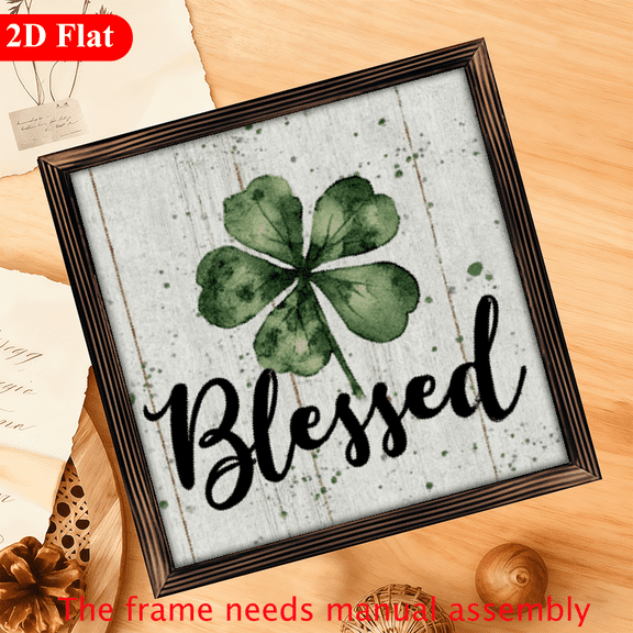 1pc Vintage Blessed Four-Leaf Clover SignRustic St Patrick's Day Wall Table Decor, 12x12 Inch Good Luck Charm, Shamrock Framed Art for Irish Gifts,, Office, or Decoration,