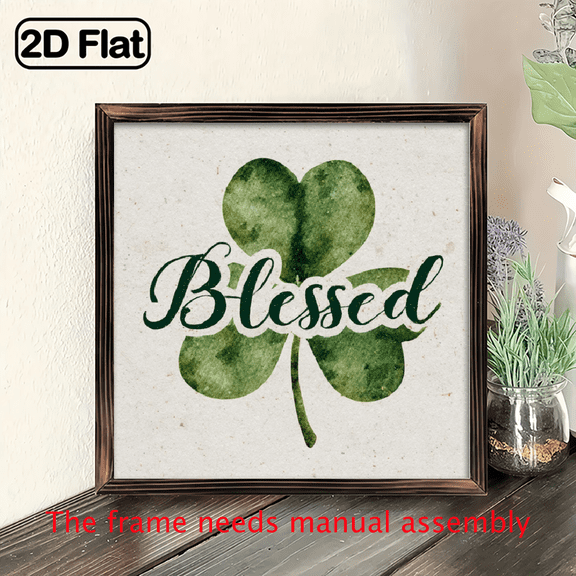 1pc Vintage Blessed Wooden Framed Sign with Four-Leaf Clover Design - Rustic St Patrick'S Day Wall Art, 8x8 Inch, Desktop Decoration, Ideal Gift for Loved Ones, Holiday Wall Decor Shamrock Theme W