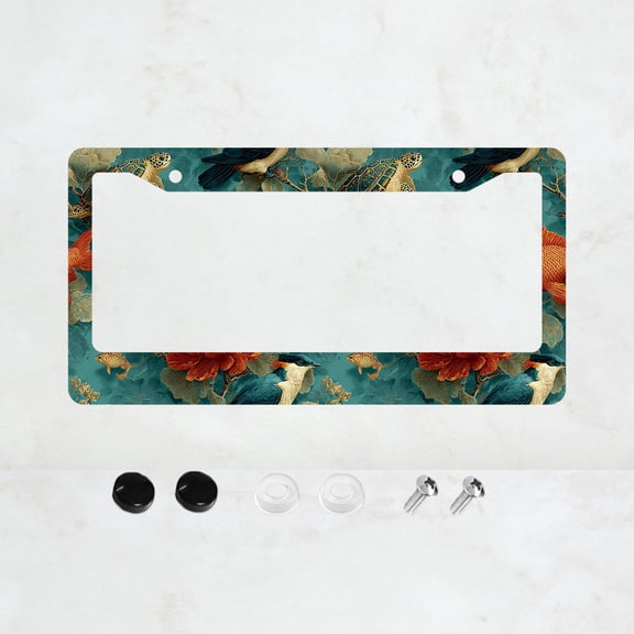 1pc Vintage Blue Aluminum 2-Hole License Plate Frame with Turtle Fish Bird Pattern, 12x6 Inches, Includes Screw Kit, Unique Car Decoration Gift, Fits Standard US License Plate Size