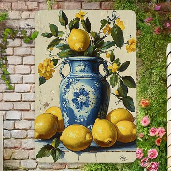1pc Vintage Blue & Yellow Ceramic Lemon Metal Tin Sign Wall Art - Rustic Iron Farmhouse Decor, 8x12 Inch Kitchen Wall Hanging with Floral Lemon Design, Multi-Purpose Home Decoration