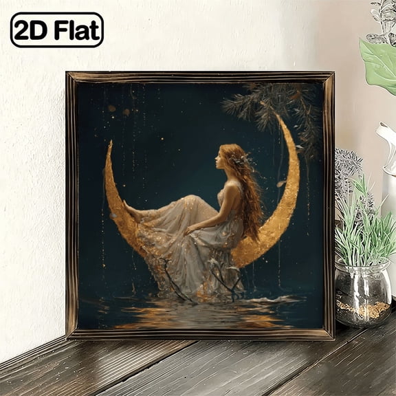 1pc Vintage Bohemian Moon Goddess Wall Art, 8x8in. Charming Lunar Girl Poster with Frame. Starry Night Sky Design for Home & Living Room.