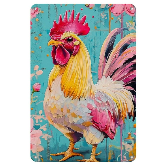 1pc Vintage Boho Chicken Wall Art - Colorful Rooster Print, 8x12 Inch Retro Iron Sign with Floral Accents, Easy-to-Hang for Home & Office Decor, Chicken Decor