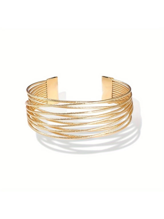 1pc Vintage Boho Style Multi-Layer Frosted Copper Open Cuff Bracelet, Exaggerated Trendy Design for Women, Ideal for Daily Wear & Party Accessory, Christmas Gift, All-Season Jewelry, Festival,Golden