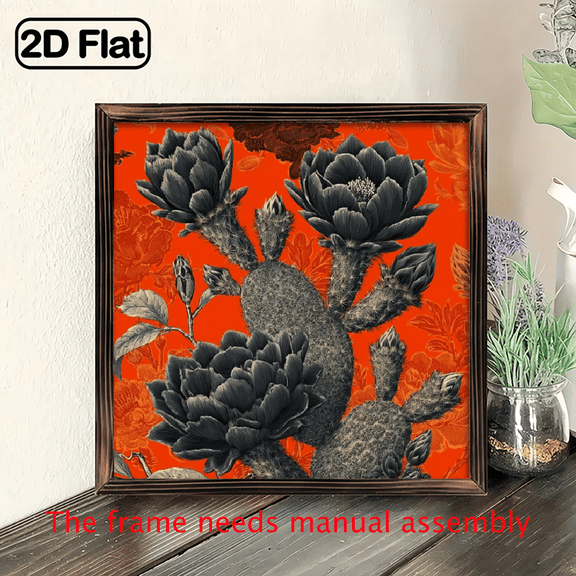 1pc Vintage Botanical Cactus and Peony Floral Framed Wall Art - Desert Garden Decor - Recycled Artificial Wood Poster - Easy Hang for Living Room, Bedroom, Office - 8x8 Inch Square Decoration