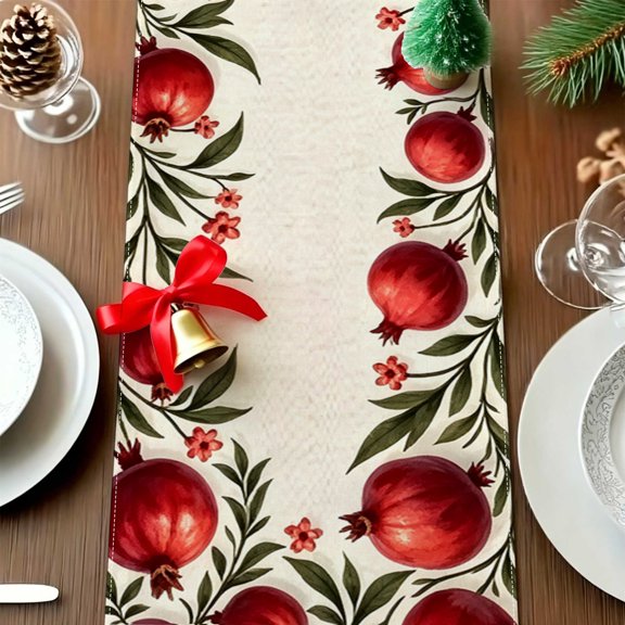 1pc Vintage Botanical Red Pomegranate Table Runner, Rosh Hashanah Venue Decor, Room Soft Festival Gift Thanksgiving Christmas