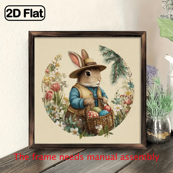 1pc Vintage Bunny Easter Eggs Wooden Framed Wall Art 8x8 Inch Rustic Rabbit Sign with Colorful Spring Florals, Farmhouse Door Hanger for Easter Basket Display, Bunny Decor for Living Room, or Gift