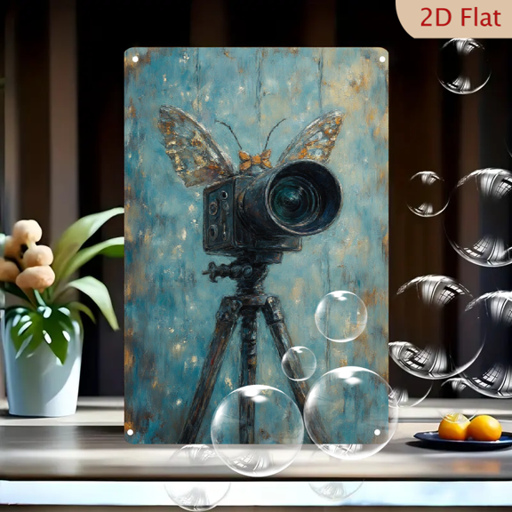 1pc Vintage Butterfly Camera Metal Wall Art, 8x12 Inches, Surreal Painterly Camera on Tripod with Butterfly Wings Decor, Textured Blue Aged Golden Wall