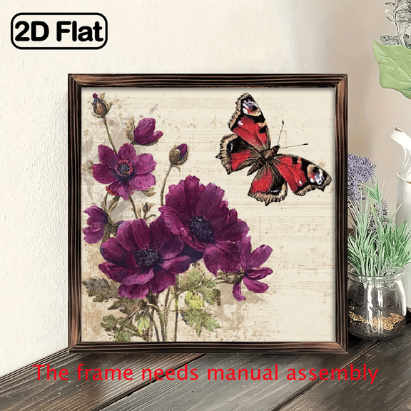Vintage Butterfly Flowers Frame Wooden Wall Decor 8x8 Inch, Romantic Style with Red Butterfly Purple Flowers, Perfect for Bedroom, Living Room, Farmhouse, Office, Gallery, Butterfly De