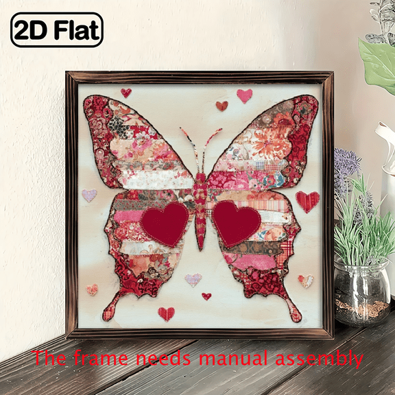 1pc Vintage Butterfly Hearts Wood Framed Wall Sign Rustic Farmhouse Patchwork Art with Wood Frame, 8x8 Romantic Hearts Butterflies Decorative Plaque for Living Room, Bedroom, Valentine's Day Decor