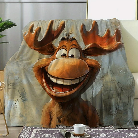 1pc Vintage Cartoon Moose Print Flannel Throw Blanket - Soft, Cozy, All-Season Knitted Polyester Blanket for Sofa, Bed, Office, Camping, Travel - Digital Print, 250-300gsm