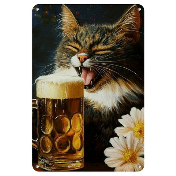 1pc Vintage Cat Beer Metal Sign - 8x12 Inch Iron Wall Art, Cheerful Black Cat with Beer Illustration, Ideal for Home, Bar, Cafe, Office Decor, Cat Decor
