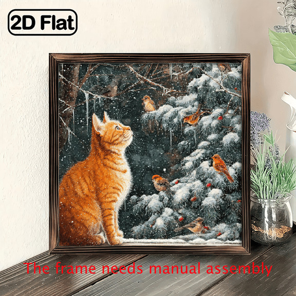 1pc Vintage Cat Birds Window Winter Scene Wooden Framed Wall Art - 8x8 Rustic Farmhouse Christmas Sign with Snowy Landscape, Recycled Wood Painting for Home, Cafe, Bar Decor - Cozy Holiday