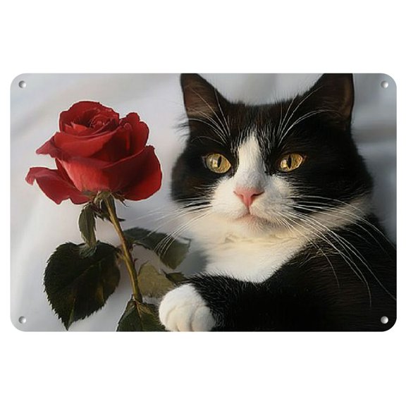 1pc Vintage Cat with Rose Metal Tin Sign, 12x8 Inches, Retro Wall Art Decor for Home, Kitchen, Cafe, Restaurant, Garage, Club, Multi-Purpose, Wall-Mounted, Rustic Style, No Electricity Needed