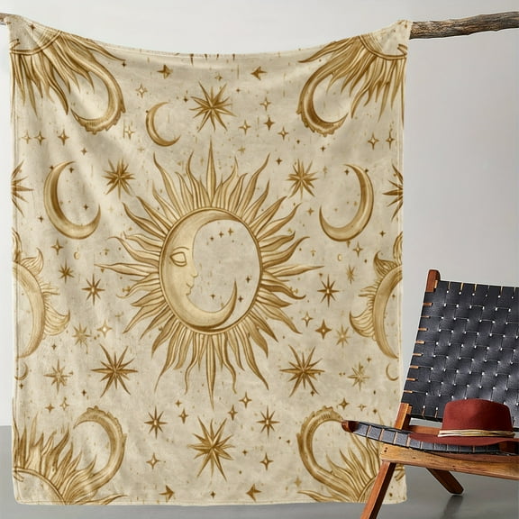 1pc Vintage Celestial Sun Moon Stars Print Flannel Blanket - Soft Warm All-Season Throw for Sofa Bed Car Camping Office, Cozy Gift Idea, Cozy Blanket, Versatile Travel Accessory, Decorative Bed Acces