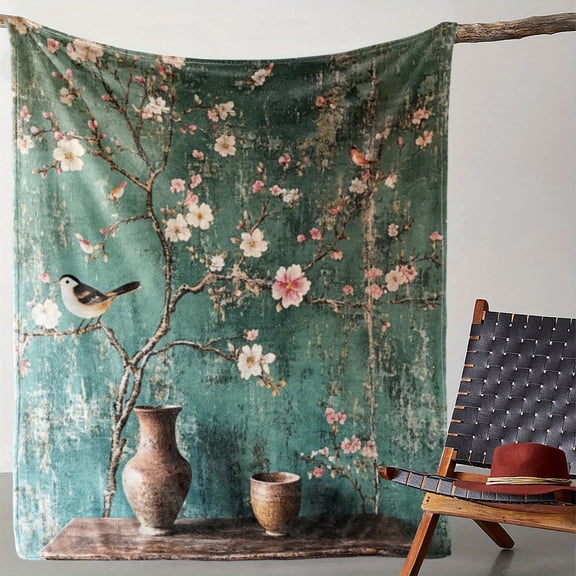 1pc Vintage Chinese Plum Blossom & Bird Print Throw Blanket - Warm, Comfortable, Soft Flannel Fabric, Polyester Blend, Ideal for Sofa, Bed, Car, Office, Camping, Travel, All-Season Gift Blanket, Seas