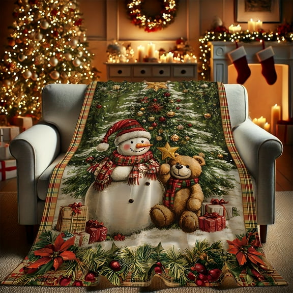 1pc Vintage Christmas Flannel Blanket Polyester, Digital Print, Winter Soft Throw, White with Green Accents, for Living Room, Bedroom, Sofa, Holiday Decor, Gift for Friends & Classmates