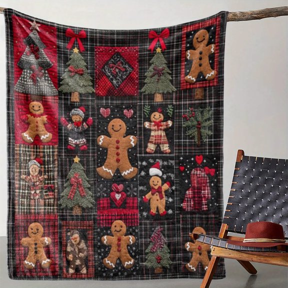 1pc Vintage Christmas Gingerbread Man and Cedar Tree Plaid Print Flannel Fleece Throw Blanket - Cozy Soft Knitted Polyester, All-Season, Digital Print, Lightweight Warmth for Sofa, Bed, Office, Trave