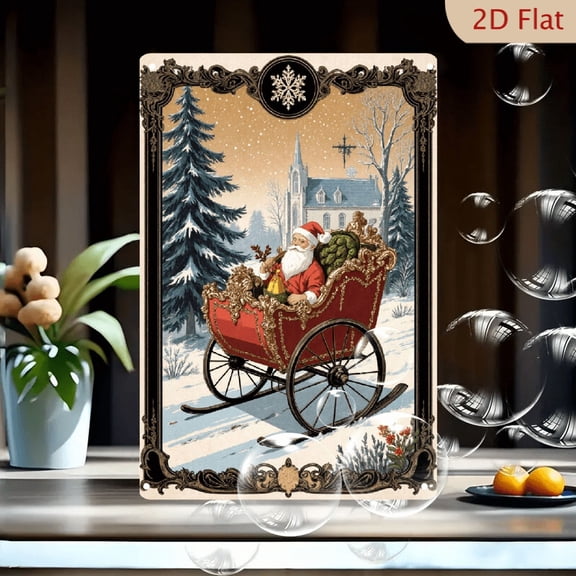 1pc Vintage Christmas Metal Wall Art, 8x12 Inches, Santa in Red Sleigh Snowy Landscape Scene with Ornate Dark Brown Border, Gold Snowflake Emblem, Home