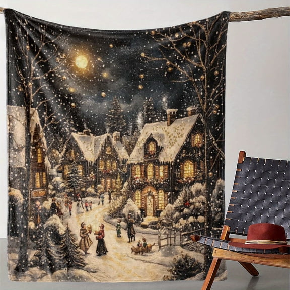 1pc Vintage Christmas Snowy Village Scene Flannel Blanket - Soft Warm All-Season Throw with Cozy Winter Town Print (Snowy Houses, Moonlit Night & Festive Decor) for Sofa, Bed, Car, Office, Camping -