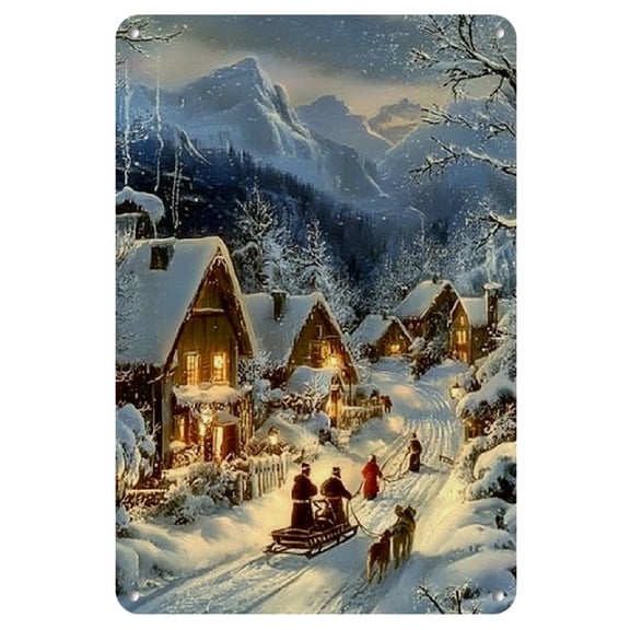 1pc Vintage Christmas Village Scene Iron Metal Tin Sign, 8x12 inches, Festive Wall Art for Home, Bar, Cafe, School, Library, and Garage Decor