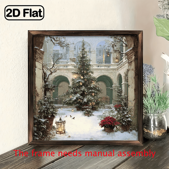 1pc Vintage Christmas Wall Art 8x8inch Framed Painting with Snowy Winter Scene, Red Poinsettia Greenery, Rustic Wooden Frame, Indoor Outdoor Holiday Decor for, Living Room.