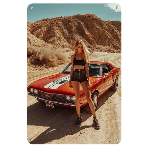 1pc Vintage Classic Car and Fashion Model Metal Tin Sign, 8x12 inches, Retro Style Iron Wall Art Decor for Home, Bar, Cafe, Garage - Unique Gift Idea, No Electricity Needed