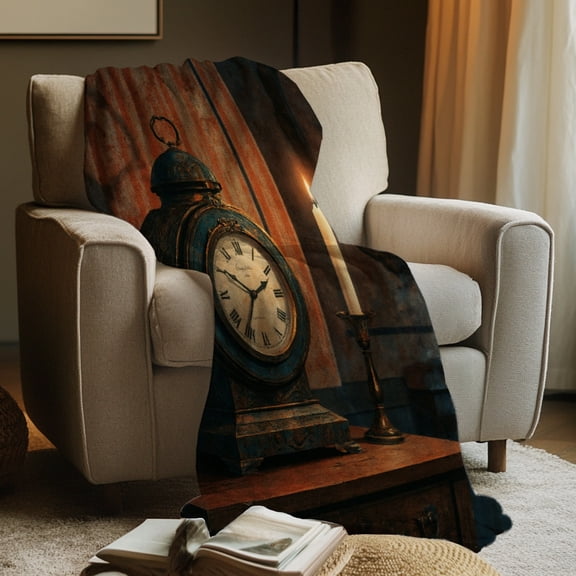 1pc Vintage Clock Design Blanket - Soft Flannel Throw with Antique Pocket Watch Face in Blue, Brown, Golden - All-Season Cozy Gift for Birthday, Anniversary, Mother's/Father's Day, Valentine's, Thank