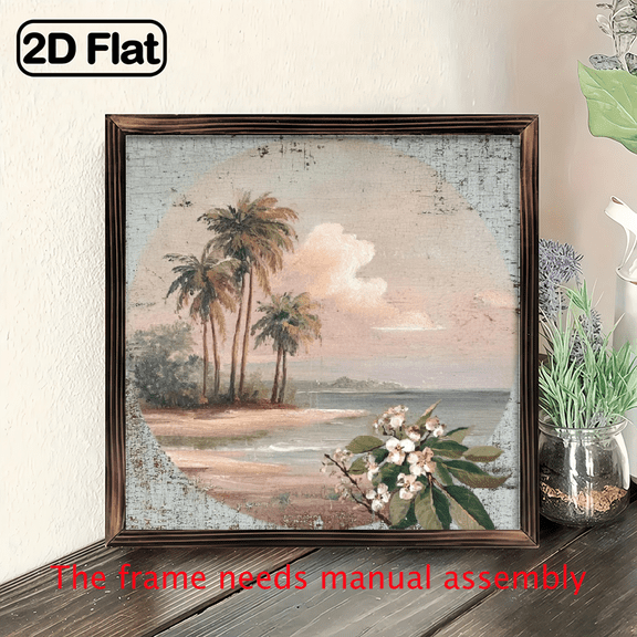 1pc Vintage Coastal Wall Art - 8x8 Inch Tropical Palm Tree Beach Scene Wooden Hanging Painting, Pre-Drilled Holes for Easy Hanging, Suitable for Living Room, Bedroom, Bathroom, Vacation