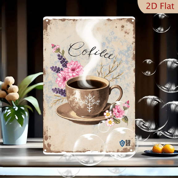 1pc Vintage Coffee Metal Wall Art, 8x12 Inches, Steaming Cup with Floral Snowflake Design on Aged Paper Background, Elegant Cursive Script for Home Cafe Bar Kitchen