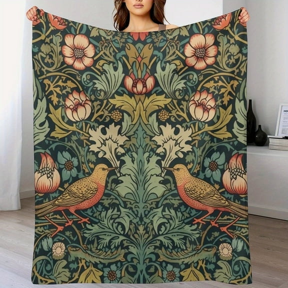 1pc Vintage Country Art Floral and Bird Print Flannel Blanket – Dark Green with Vibrant Flowers & Sparrows, Cozy Sofa or Bed Decor, Machine Washable, All-Season Use