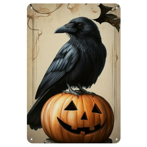 1pc Vintage Crow on Pumpkin Halloween Metal Tin Sign - 8x12 Inch Iron Wall Art for Home & Bar Decoration, Reusable Festive Decor
