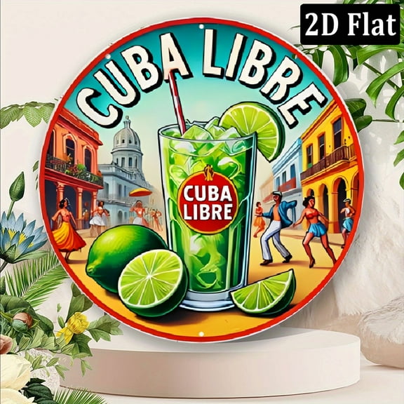 1pc Vintage Cuba Libre Cocktail Metal Sign – Retro Tropical Wall Art with Vibrant Caribbean Scene, Aluminum Round Poster for Bar, Beach House, Backyard Decor, 8*8 Inch, Beach House Art _ Retro Wall