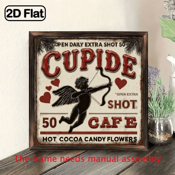 1pc Vintage Cupid'S Cafe Wooden Sign, 8x8 Inch Polished Finish Lightweight Square Wood Frame Wall Art, Single Picture Orientation, Farmhouse Decor for Home, Cafe, Bedroom, Valentine'S Day Gift