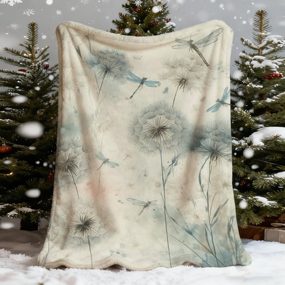 1pc Vintage Dandelion & Dragonfly Print Flannel Blanket - Super Soft All-Season Bedspread, Blue White Grey Botanical Bedding with Black Dandelion Centers, Cozy Throw for Home Decor, Housewarming
