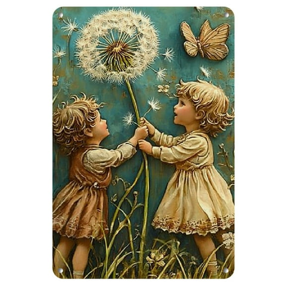 1pc Vintage Dandelion Metal Tin Sign - Whimsical Youngsters in Garden Scene, Retro Wall Art Decor for Home, Bedroom, Office, Cafe - Decorative Hanging Plaque, 8x12 inches, Bedroom Wall Accent