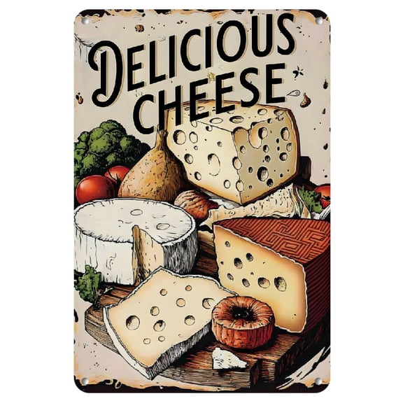 1pc Vintage "Delicious Cheese Platter" Iron Wall Art Sign - Rustic Metal Decor with Colorful Cheese Illustration, 7.8x11.8 Inch Multi-Purpose Wall-Mounted Art for Kitchen, Bar, Garden