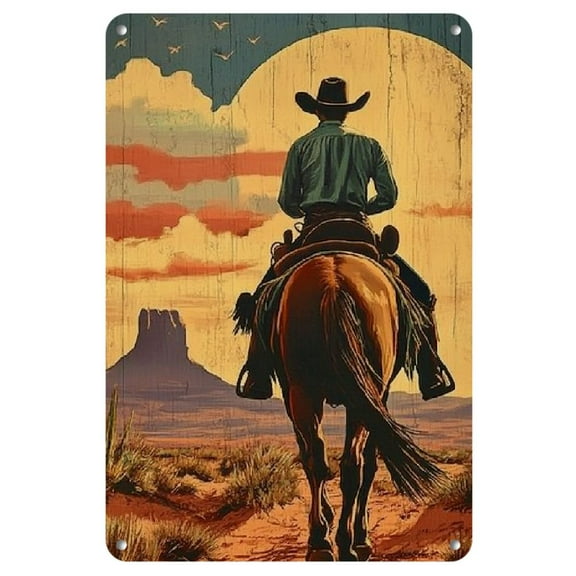 1pc Vintage Desert Cowboy Sunset Metal Wall Art, Retro Tropical Home Decor for Living Room, Bedroom, Office, Kitchen, Bar, Garage - Iron Construction, Aesthetic Room Decoration