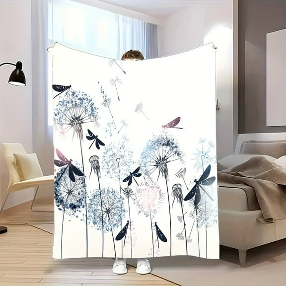 1pc Vintage Dragonfly & Dandelion Print Flannel Throw Blanket - Soft, Warm, Tear-Resistant, All-Season Comfort in Blue, Pink, Black & White