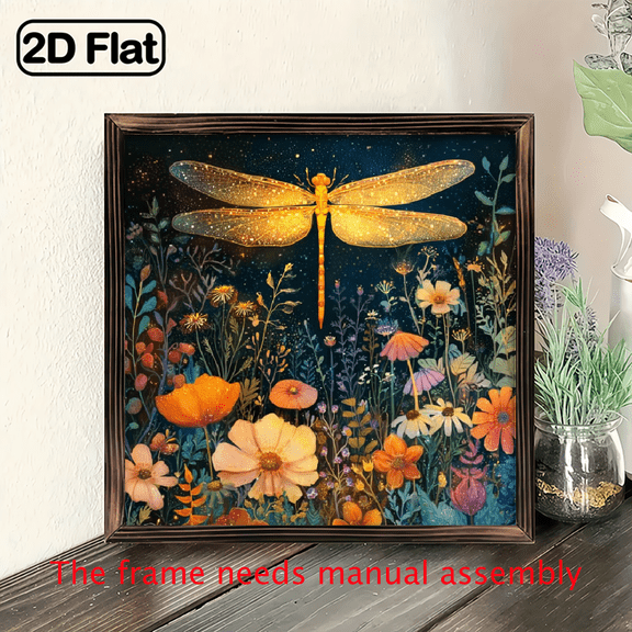 1pc Vintage Dragonfly Floral Wooden Wall Art, 8x8 Inch - Charming Dragonfly with Colorful Flowers, Golden Accents, and Starry Night Sky Ideal for Home Decor, Desktop Decoration.