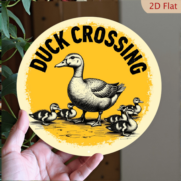 1pc Vintage Duck Crossing Metal Sign 8*8 Inch Round Aluminum Wall Art, Retro Farmhouse Decor with Duck Family & Bold Yellow Background - Indoor_Outdoor Rustic Wall Hanging for Home Bar, Garden
