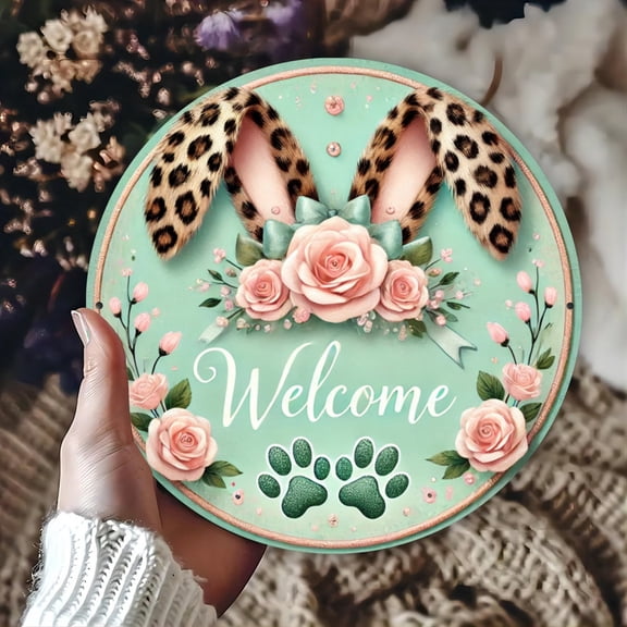 1pc Vintage Easter Bunny Welcome Sign - Light Green Floral Leopard Print Ears with Pink Roses, Greenery Wall-Mounted Round Plaque, Aluminum Cafe Wall Art Suitable for Home Decor, Weddings, Birthdays