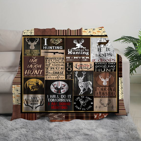 1pc Vintage Elk Hunting Print Blanket, Flannel Blanket, Soft Warm Throw Blanket Nap Blanket For Couch Sofa Office Bed Camping Travel, Multi-purpose Gift Blanket For All Season