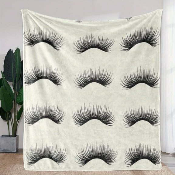 1pc Vintage Eyelash Print Flannel Blanket – Soft, Cozy, All-Season Throw for Sofa, Bed, Car, Office, Camping & Travel, Cream with Black Lash Patterns, Plush Comfort for Any Occasion